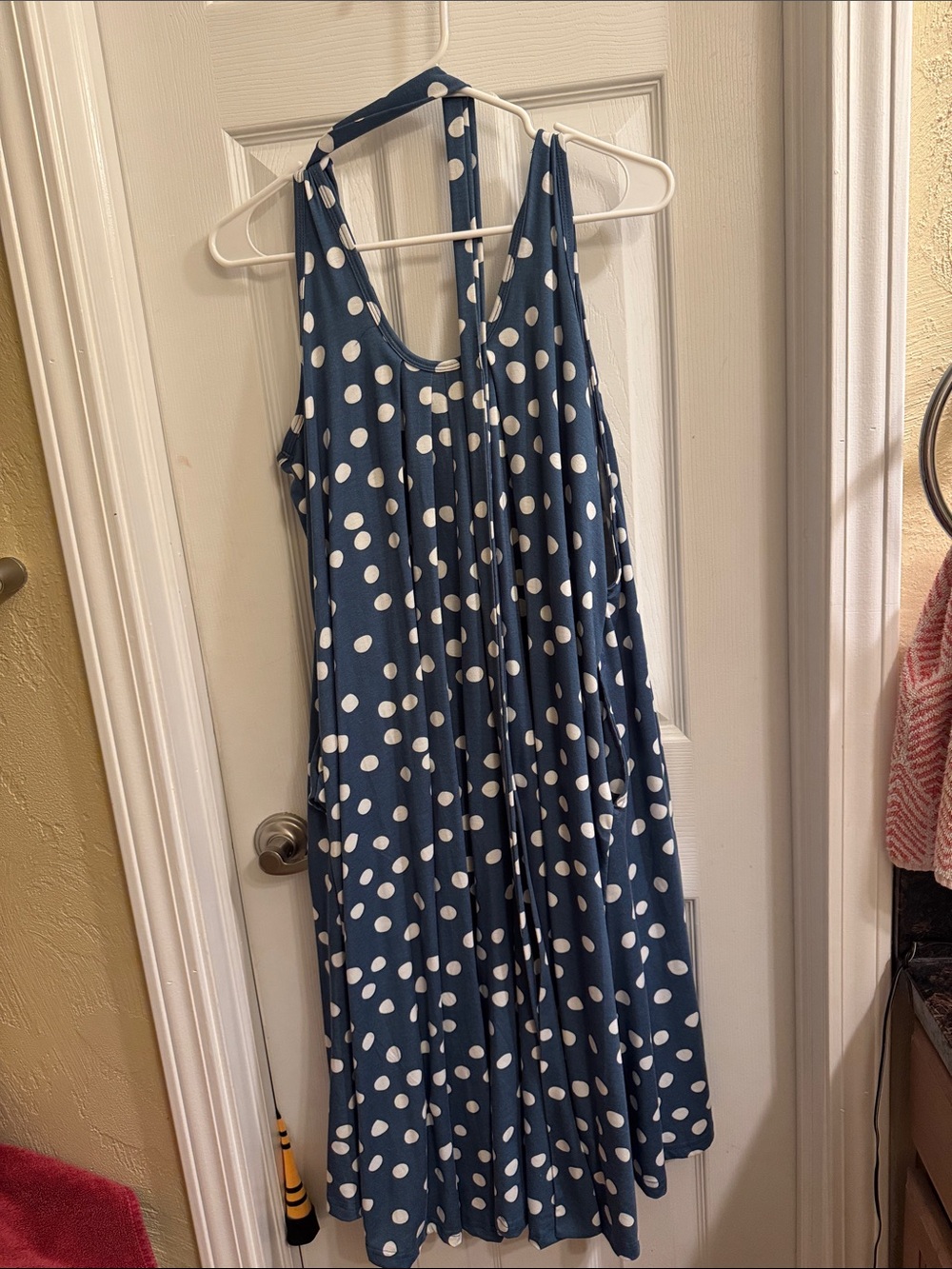 Latched Mama Navy Blue and White Polka Dot Maxi Halter Dress